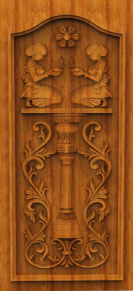 3D DOOR - OAK-90 Divine Diya Offering Traditional Carved Temple Door 3D Model